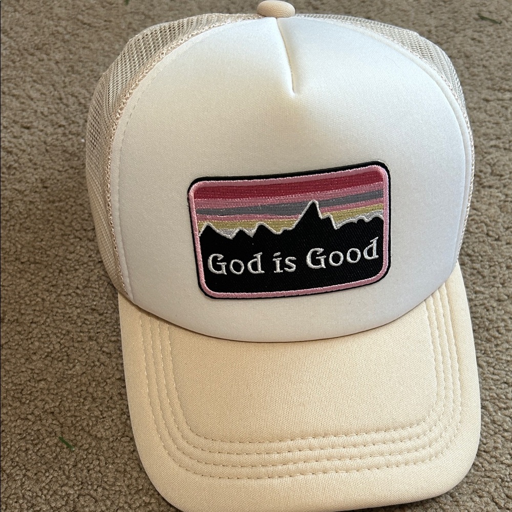 Beige Trucker Hat with 'God is Good' Patch